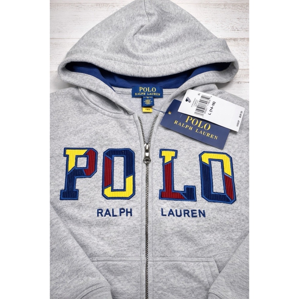 Polo Ralph Lauren‎ NWT GRAY/CORDUROY LOGO Zip Fleece Hoodie  L 14/16 PONY